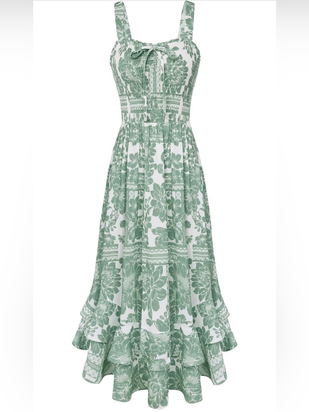 Grace Karin Square Neck Green and White Floral Maxi Sundress